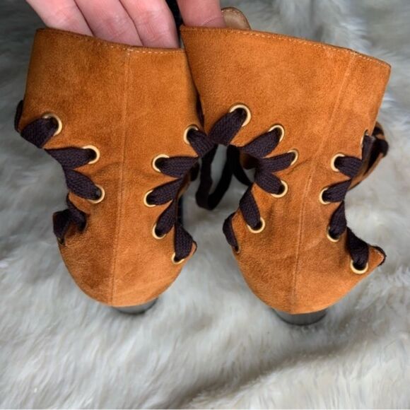 Sz 41 Chloe Miles Iconic Whipstitch Strap Lace-up Brown Suede Sandals Pumps - Picture 5 of 9